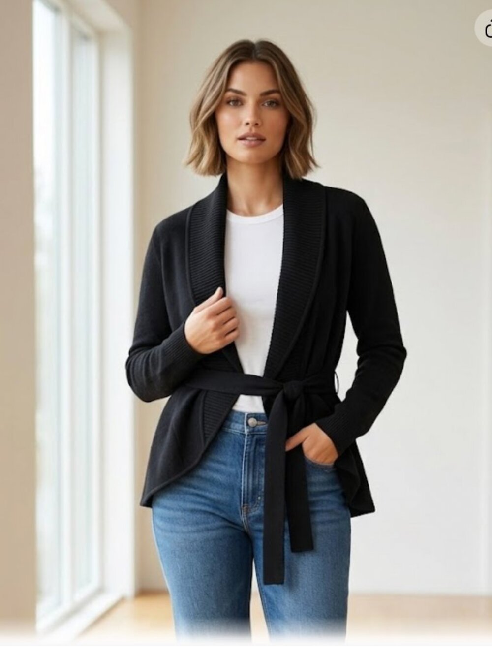 BCBGMAXAZRIA 100% Merino Wool Wrap Cardigan Sweater Black Sz M Tie Back
